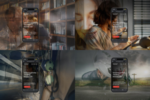 Collage showing a smartphone mockup for Sarsan Partners over photos of people in an office, wearing a headset, and outdoors; text reads “Investing globally. Thinking thematically.”