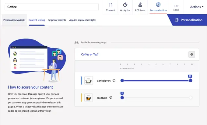 Screenshot of content scoring in Umbraco Engage, displaying a slider to score content relevance for the 'Coffee lovers' and 'Tea lovers' personas with a score range from 0 to 10.