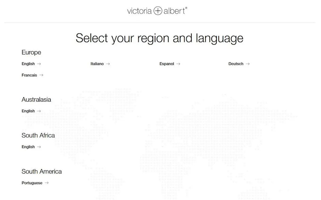 Screenshot of language selector on vandabaths.com