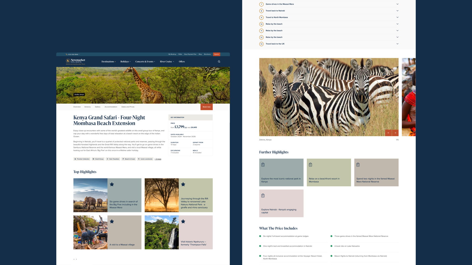 A detailed desktop view of a "Kenya Grand Safari" tour page, featuring wildlife photography of giraffes and zebras alongside itinerary highlights and pricing.