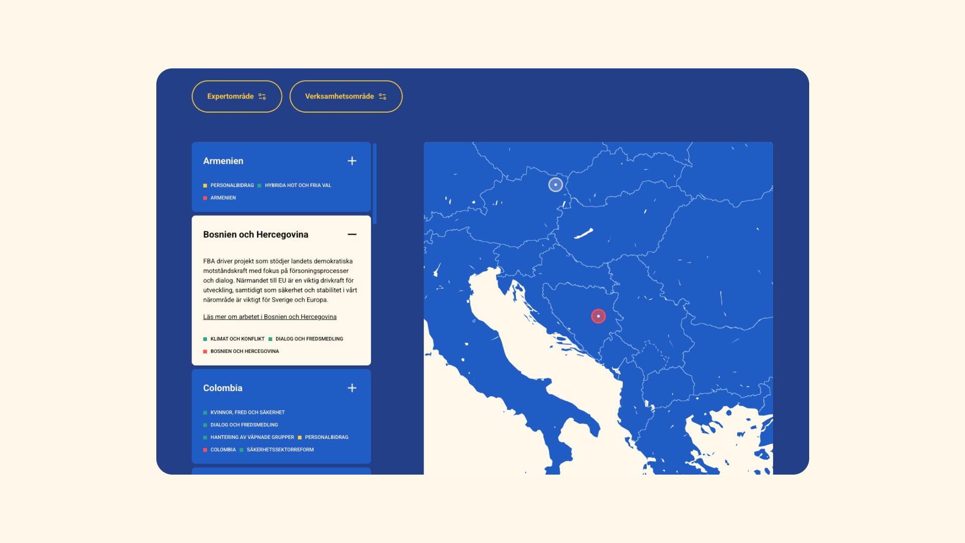Interactive map on the FBA website showing where the agency works, with country cards and filters by expertise and area