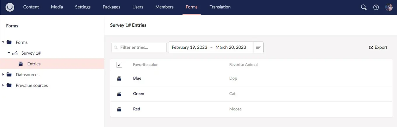 Umbraco Forms 11.1 Customized Entries View 1365X437px
