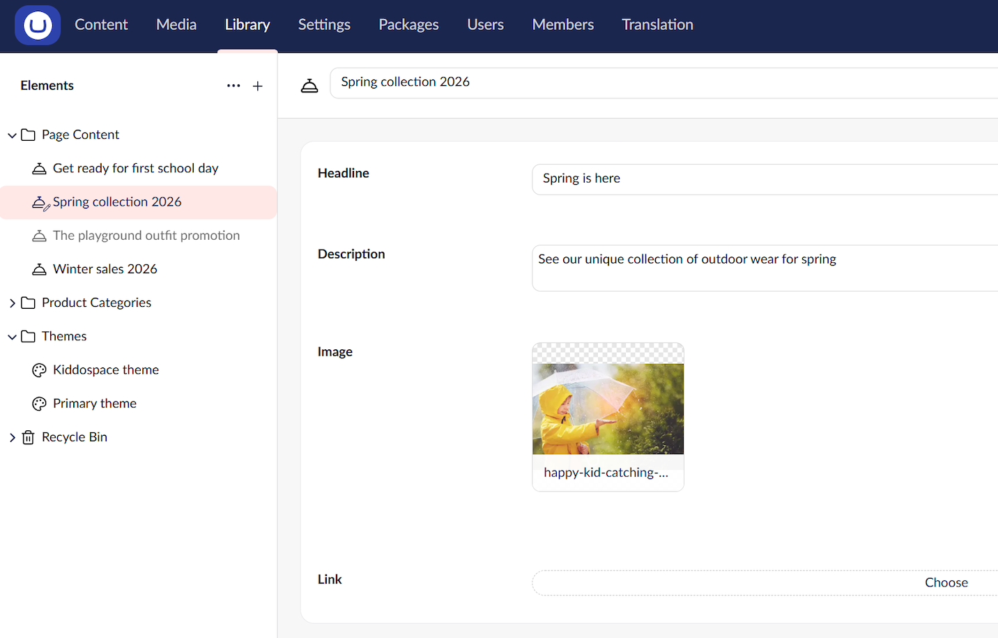 Screenshot of the new Library section in Umbraco CMS