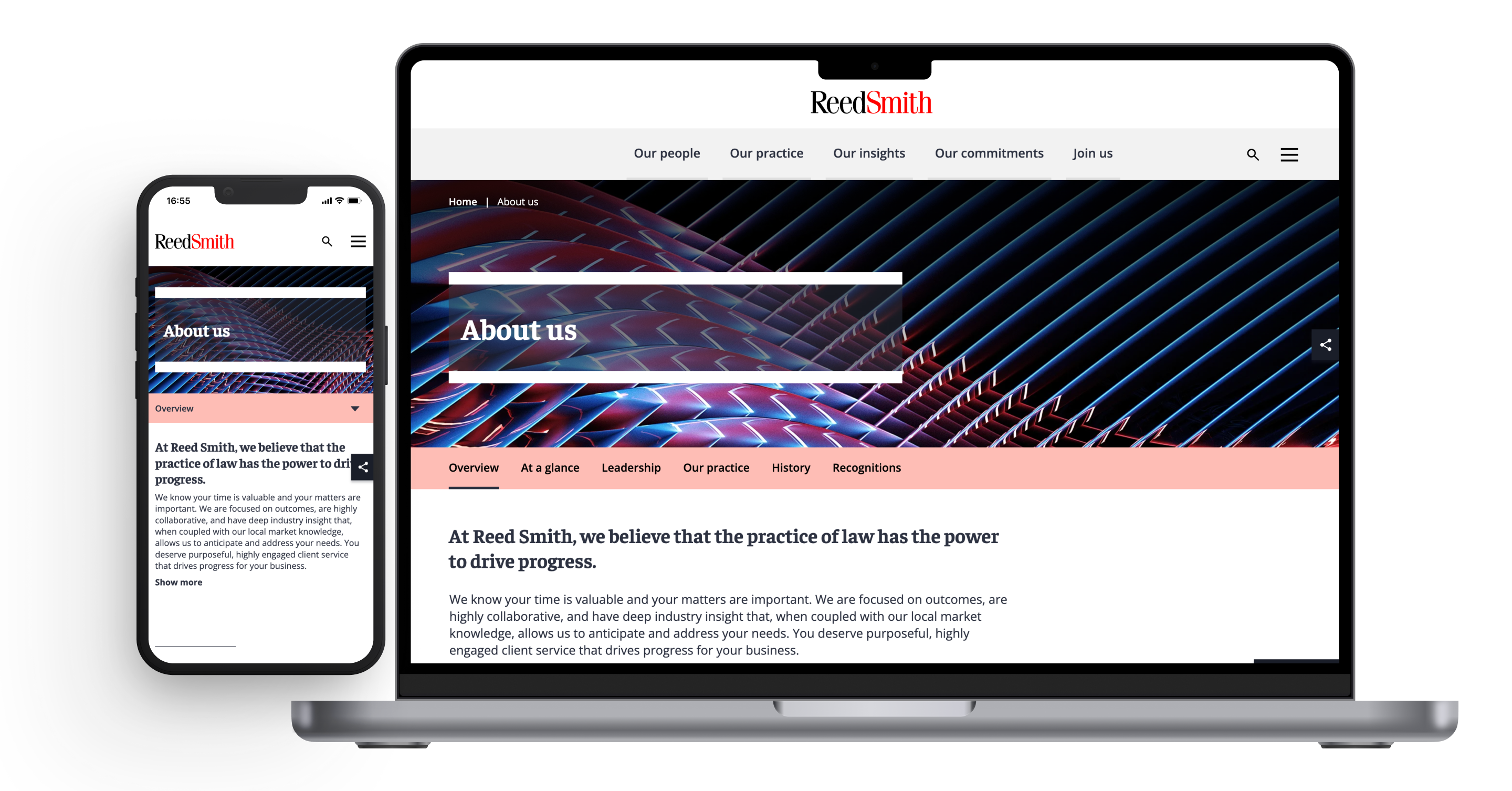 A laptop and smartphone side-by-side displaying the Reed Smith "About us" page with the headline: "At Reed Smith, we believe that the practice of law has the power to drive progress."