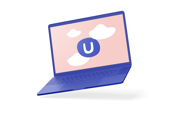 Blue laptop. Open, screen showing blue Umbraco logo and white clouds on pink background