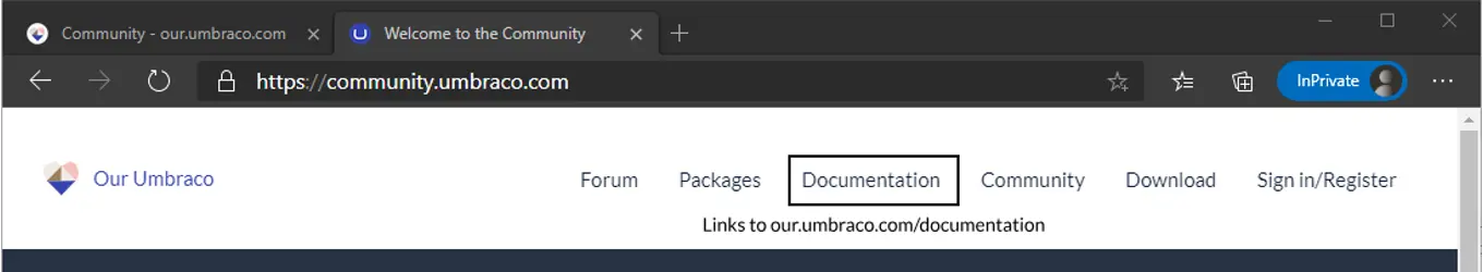 Umbraco Community website navigation screenshot