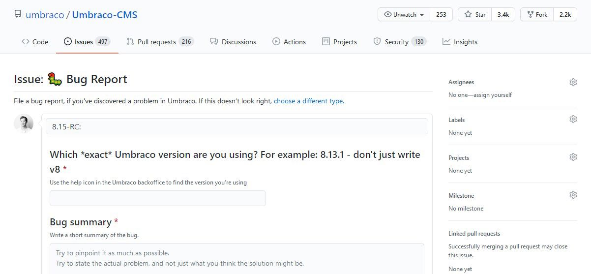 Screenshot Of New Github Issue Umbraco 8.15 RC