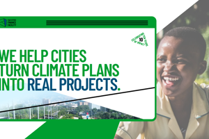 C40 Cities Finance Facility graphic celebrating 10 years of impact funding urban climate plans and sustainable infrastructure projects.