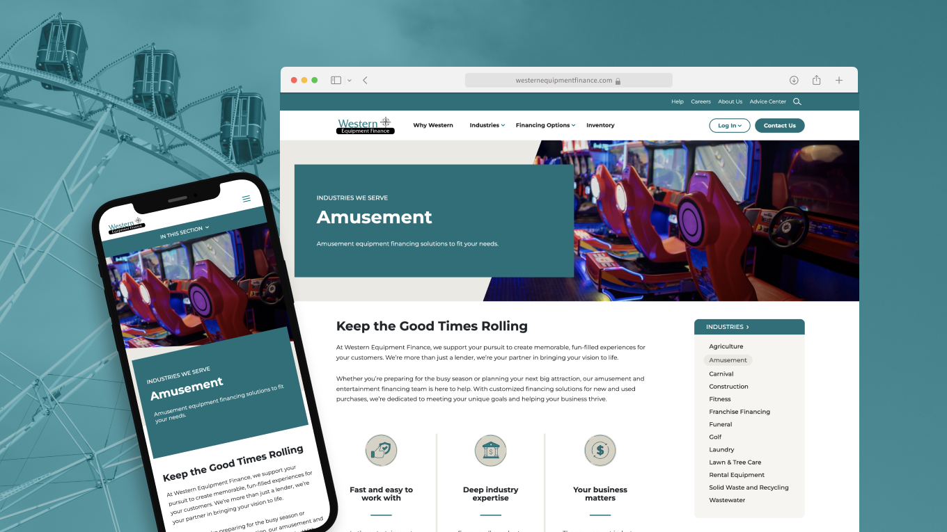 Website mockup showing Western Equipment Finance page with “Amusement” section and casino game images
