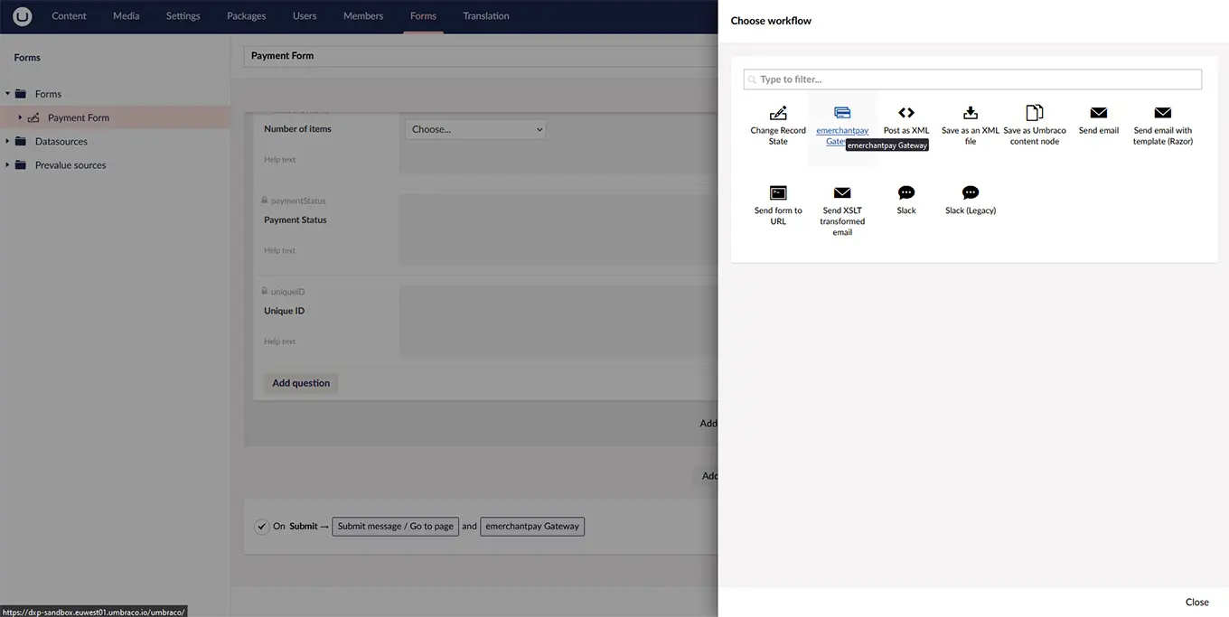 Screenshot: Choose workflow - emerchantpay gateway