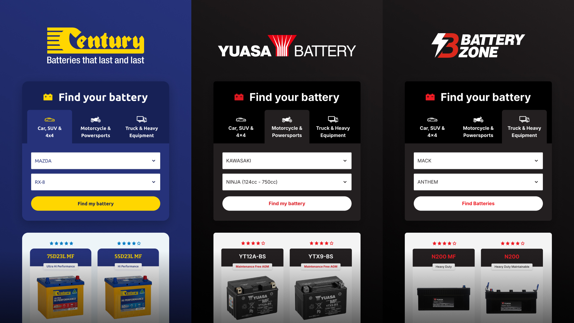 A side-by-side user interface comparison of the battery finder tool customized for three distinct corporate identities: Century, Yuasa Battery, and Battery Zone.