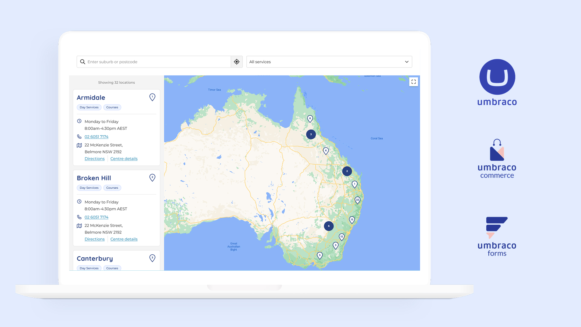 A laptop displaying an interactive map of Australia with Tresillian service locations, positioned next to logos for Umbraco, Umbraco Commerce, and Umbraco Forms.