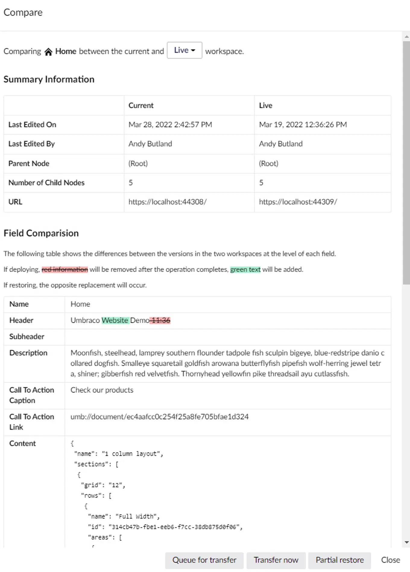 Umbraco Deploy 9.4 Content Comparisson705x985px