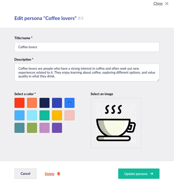 Screenshot of the 'Coffee lovers' persona setup in Umbraco Engage, featuring a description and selected color and image for the persona.