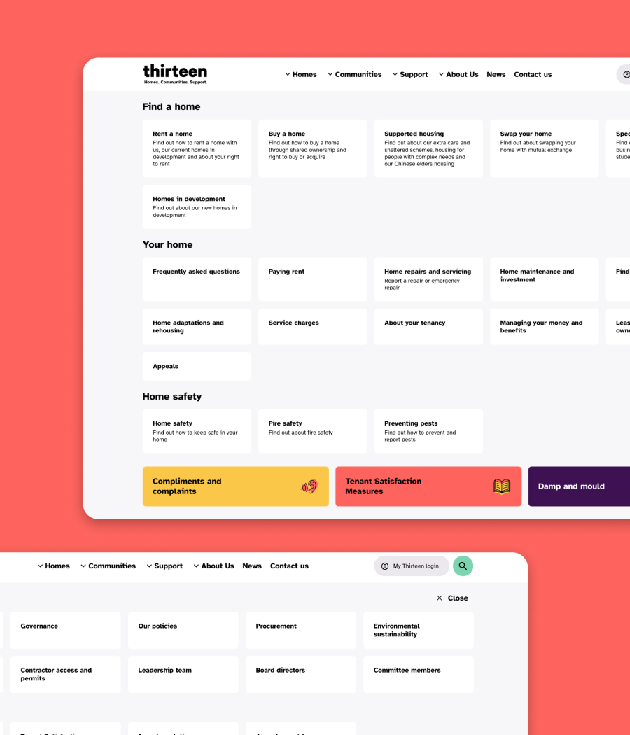 A grid of navigation tiles from the Thirteen website categorized by "Find a home," "Your home," and "Home safety."