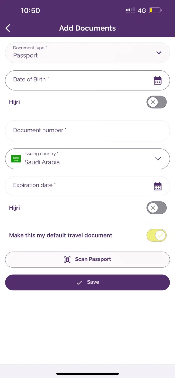 A mobile app screen from 'flyadeal' for adding travel documents. The interface is in English with fields for document type, which is pre-selected as 'Passport', date of birth with a Hijri calendar option, document number, issuing country defaulted to Saudi Arabia, and expiration date also with a Hijri calendar option. A toggle switch at the bottom offers to make this the default travel document. There's also a 'Scan Passport' button for easy data entry.