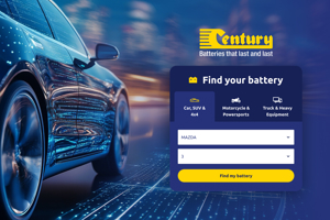 A web banner design featuring a sleek car driving through blurred city lights at night next to a dark blue "Find your battery" search widget under the Century Batteries logo.