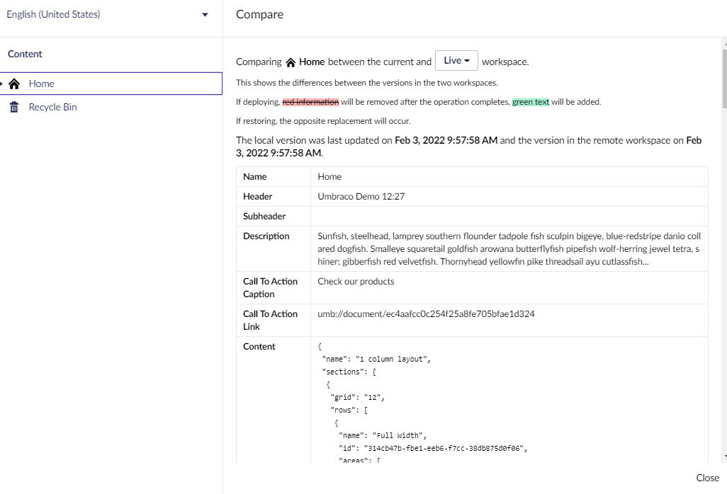 Umbraco Deploy 9.3 Content Comparison 1026X698px