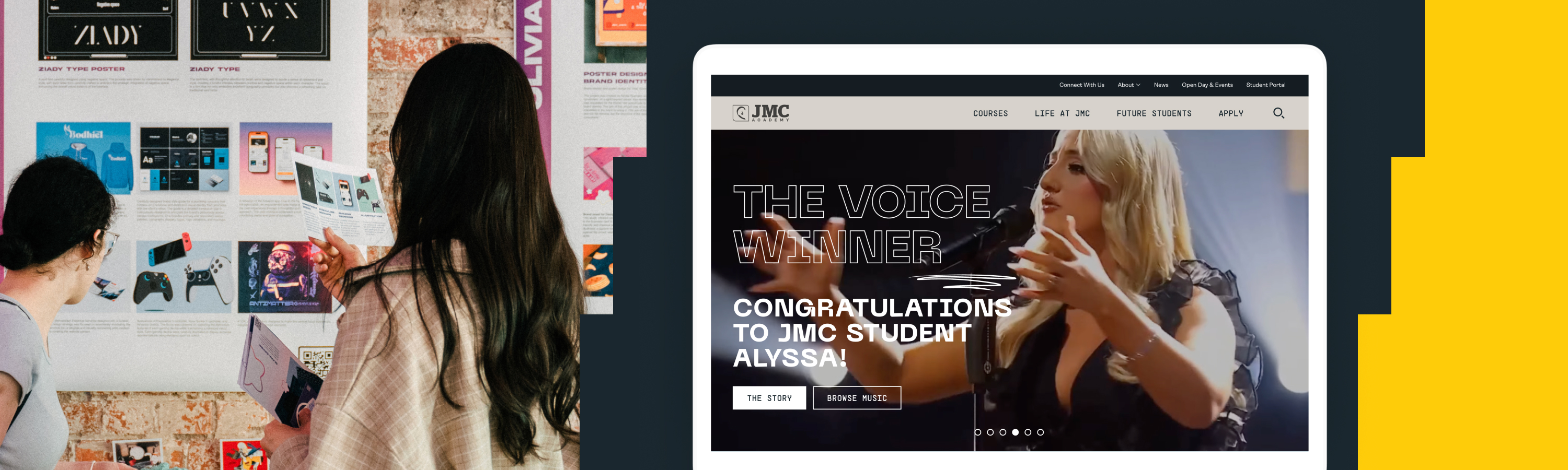 A wide header banner featuring design students reviewing work on a wall next to a laptop displaying the updated JMC Academy homepage against a dark background with a yellow accent.