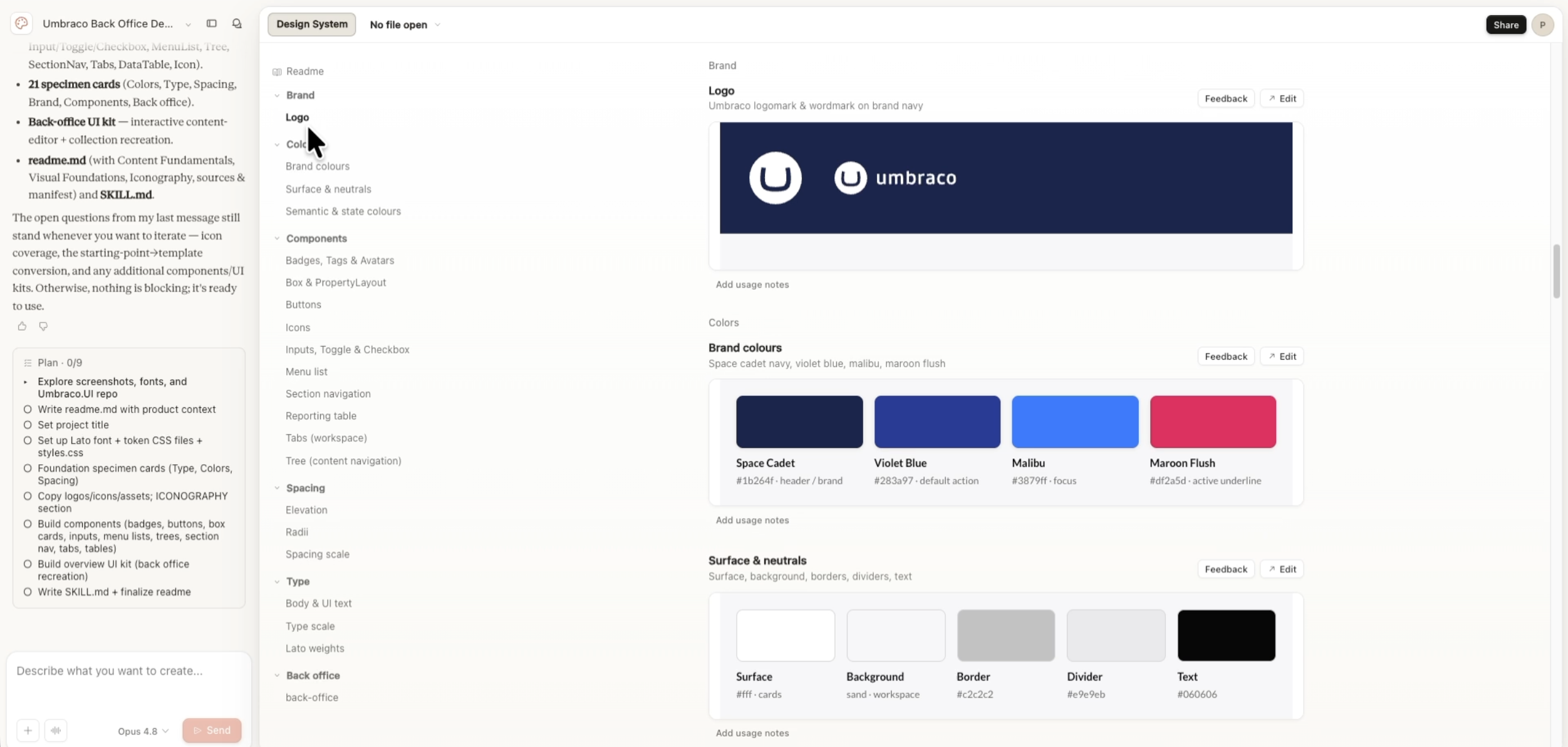 A software dashboard displaying a design system documentation page with sections for brand logos, brand colors, and neutral surface colors. The workspace shows multiple color swatches with hex codes next to a detailed navigation sidebar on the left.