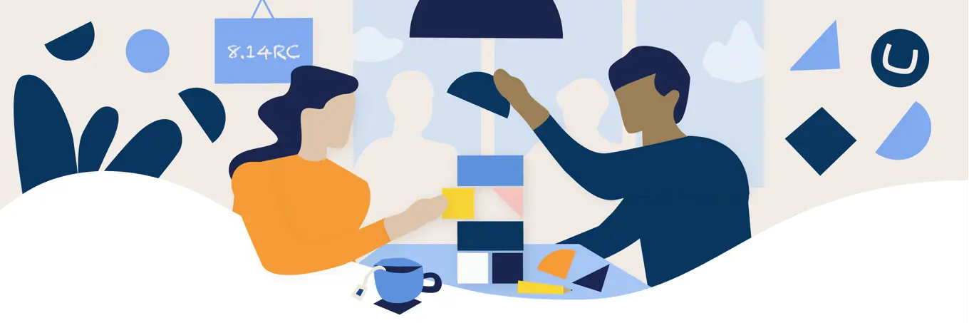 Man and woman collaborating on building with blocks, contains Umbraco logo and 8.14RC in the background