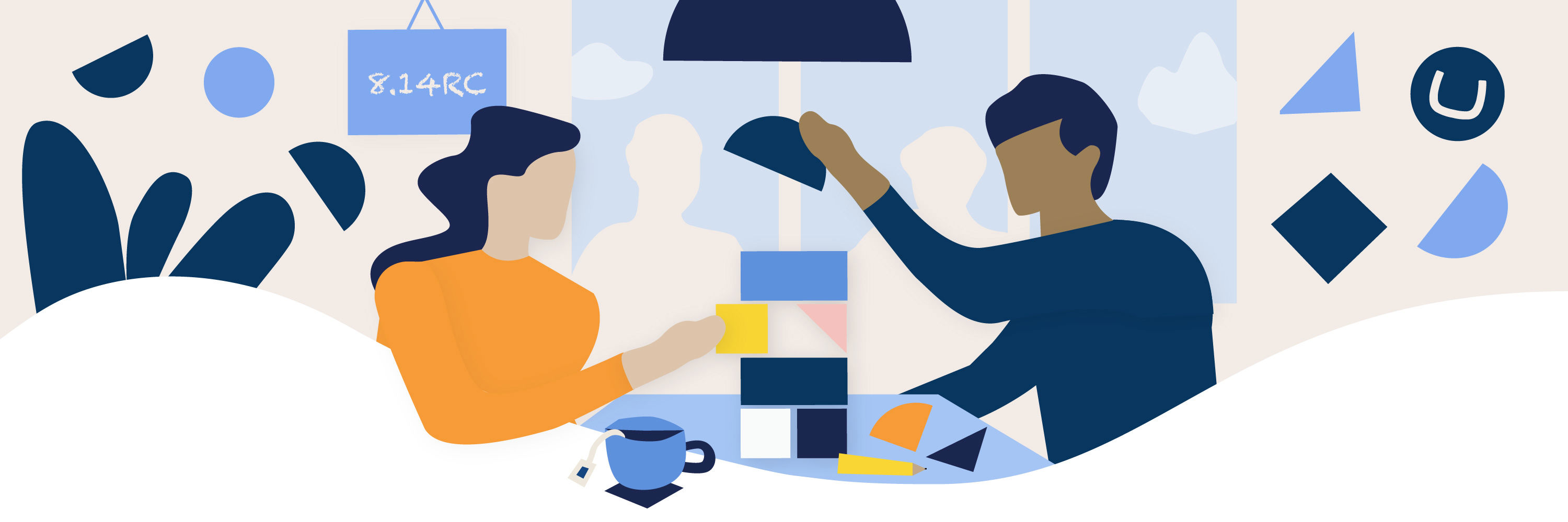 Man and woman collaborating on building with blocks, contains Umbraco logo and 8.14RC in the background
