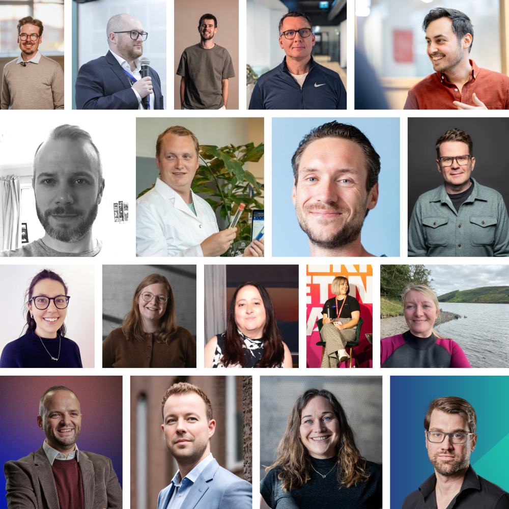 A grid of eighteen professional headshots and candid portraits featuring diverse individuals in various settings, including offices, a laboratory, and outdoors. The subjects are shown from the chest or waist up, displaying a range of friendly and professional expressions.