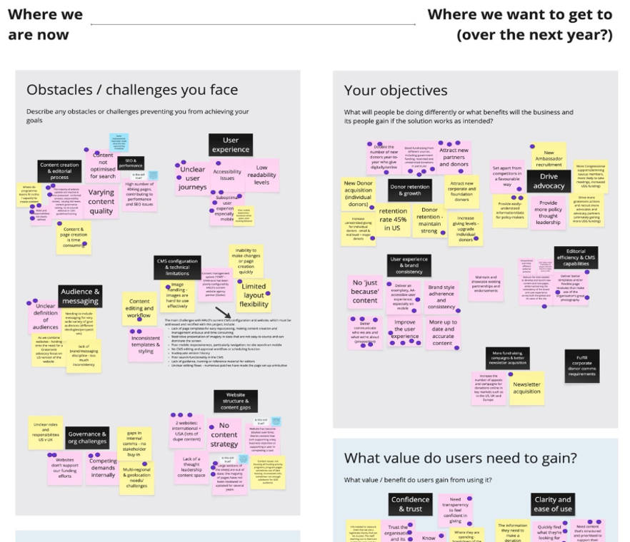 A digital project discovery board filled with sticky notes organizing current obstacles, future objectives, and target user values for The HALO Trust website redesign.