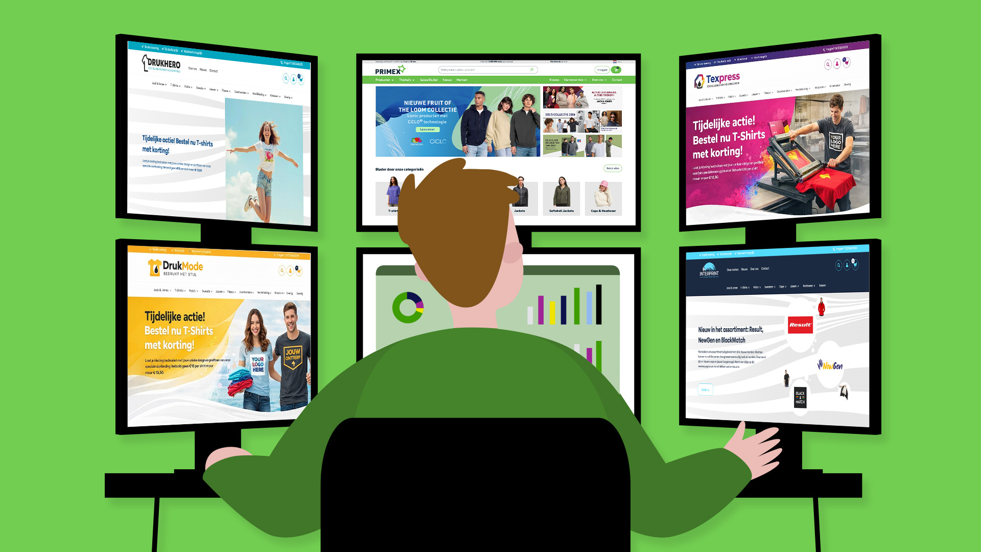 An illustration of a developer looking at a grid of six computer monitors displaying various customized clothing web stores and analytical data charts.