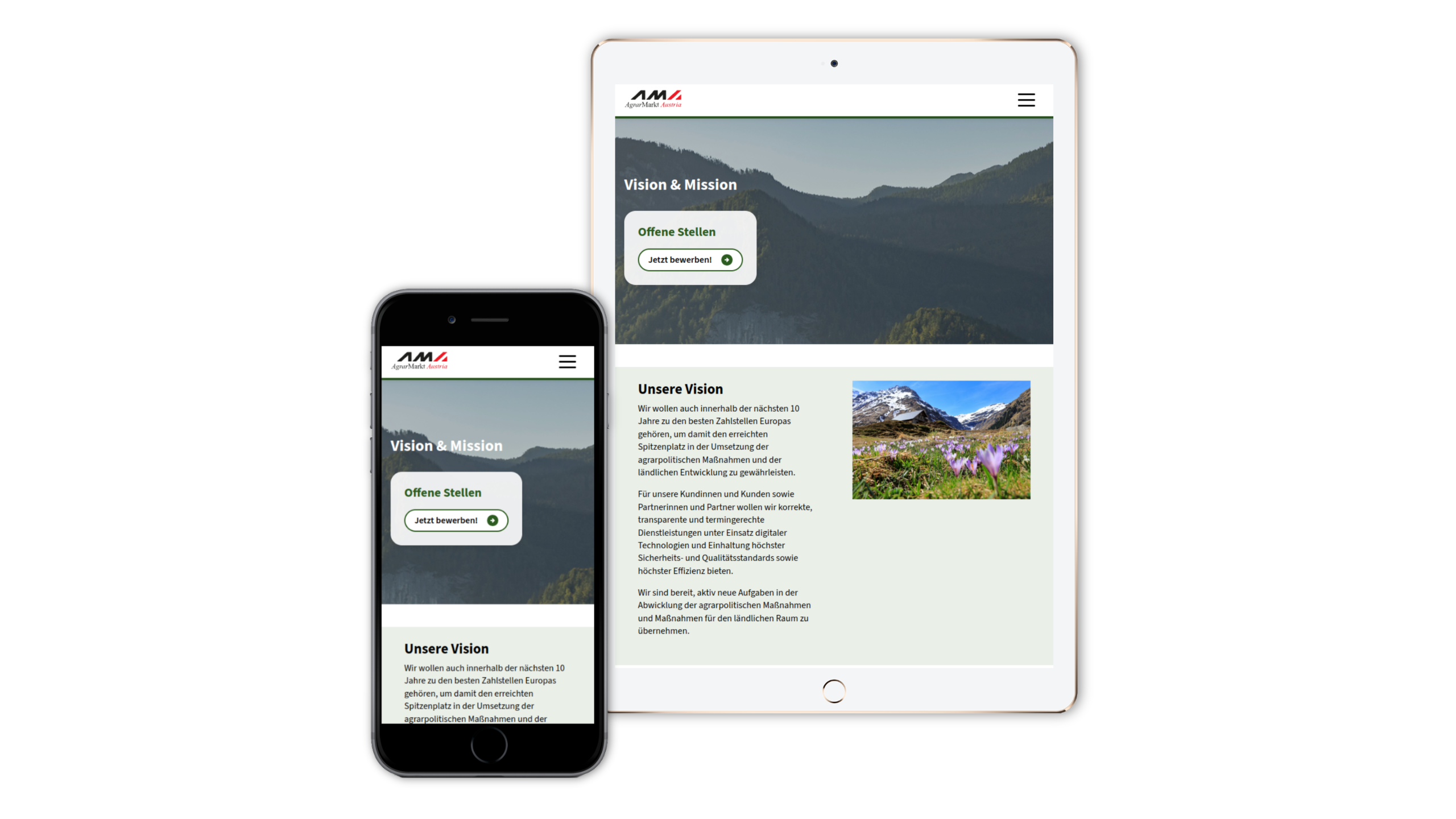 A tablet and smartphone displaying the "Vision & Mission" page of the AMA website, featuring a mountain landscape and text describing the organization's long-term strategic goals.