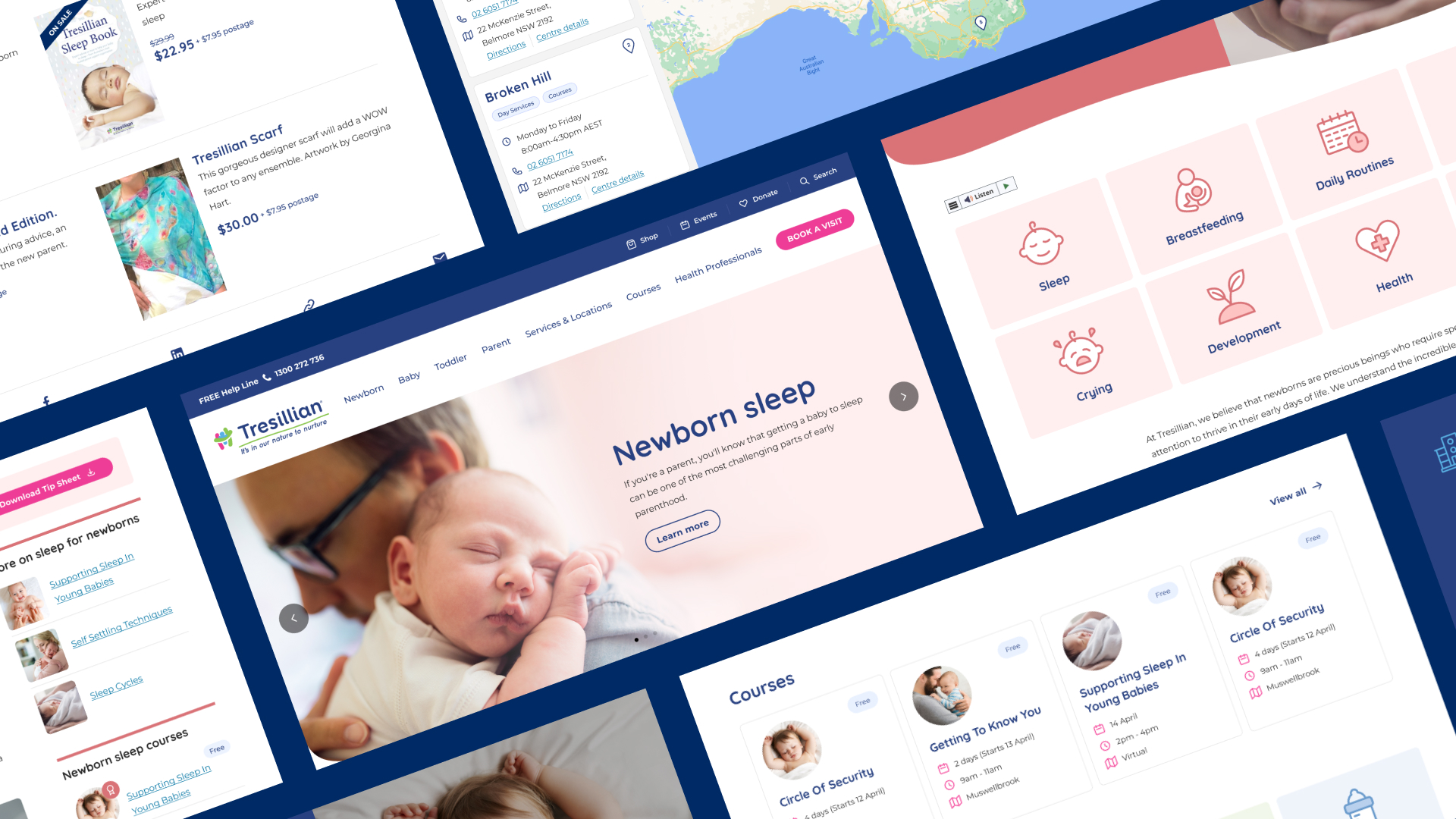 A collage of overlapping Tresillian website UI components, displaying topic icons, parenting course cards, online shop items, and advice guides.
