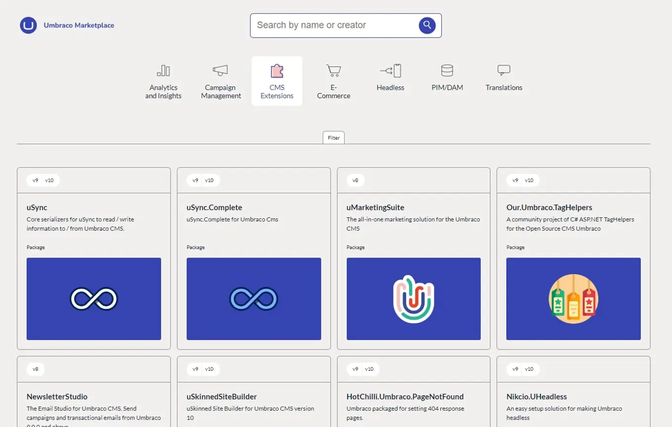 Screenshot of the frontpage for the Umbraco Markeplace showing Umbraco logo, search field, categories and a list of packages.