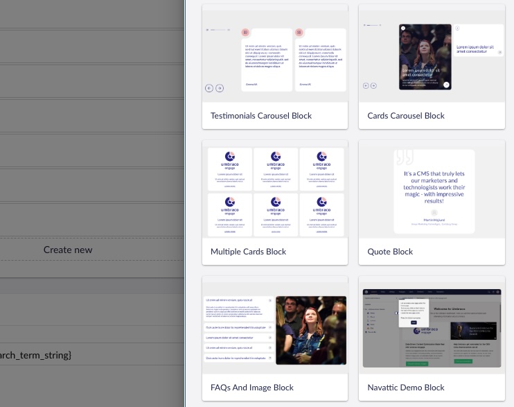 Umbraco’s ‘Add content’ panel for the Block Grid, showing reusable block options such as Multiple Cards, Quote, FAQs with Image, and a Navattic Demo block.