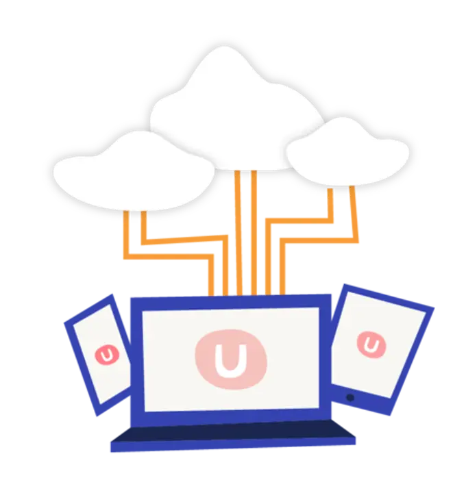 Icon of three devices with Umbraco logos on screen connected to a cloud