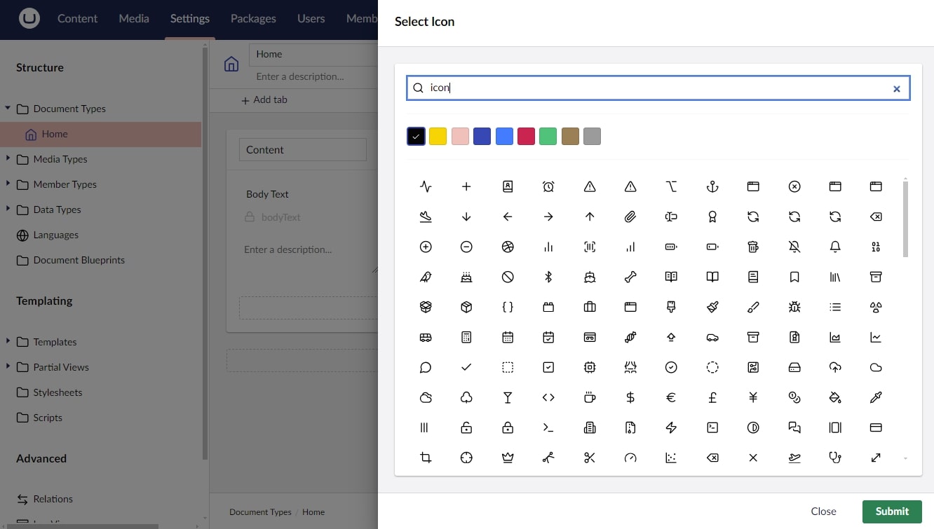 Umbraco CMS interface displaying the Lucide icon pack selection window with various icons and color options. The sidebar on the left shows the document structure.