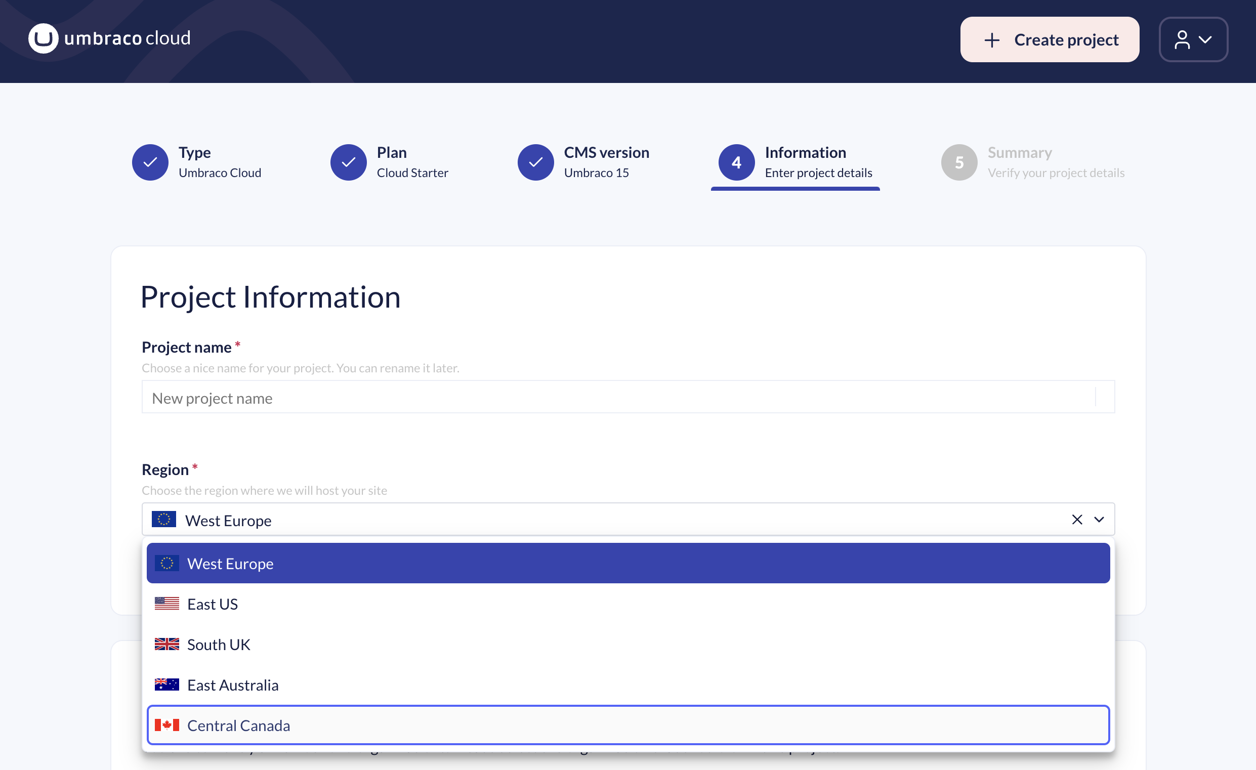 Umbraco Cloud Canadian Region Dropdown 2482X1522px