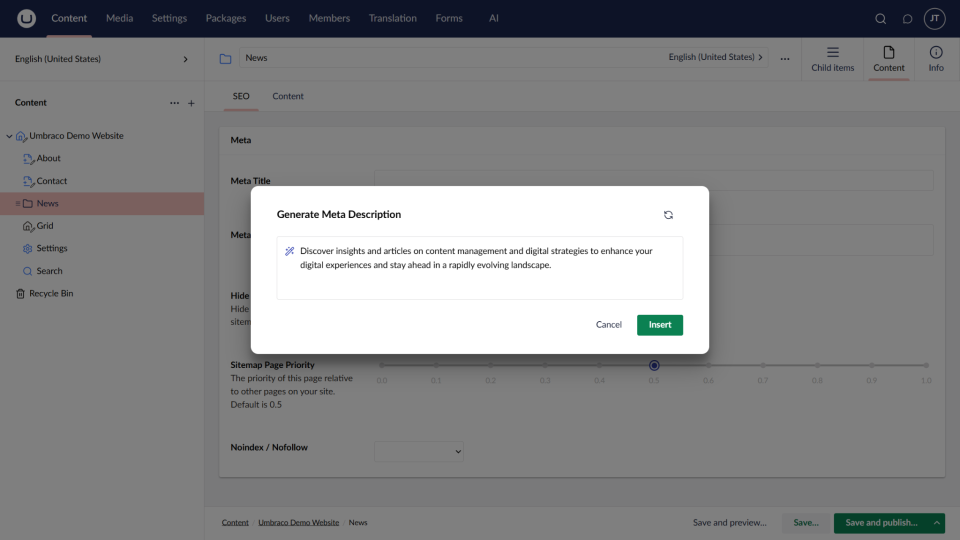 Screenshot - Using a prompt for meta descriptions