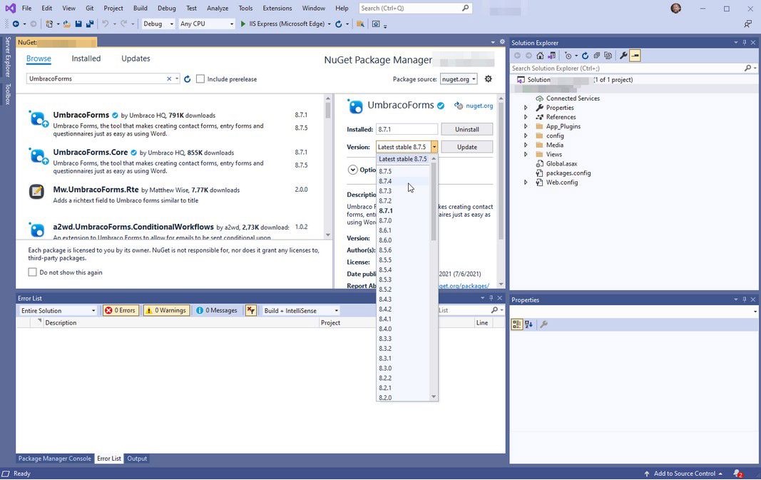 Select Nuget Version Of Umbraco Forms