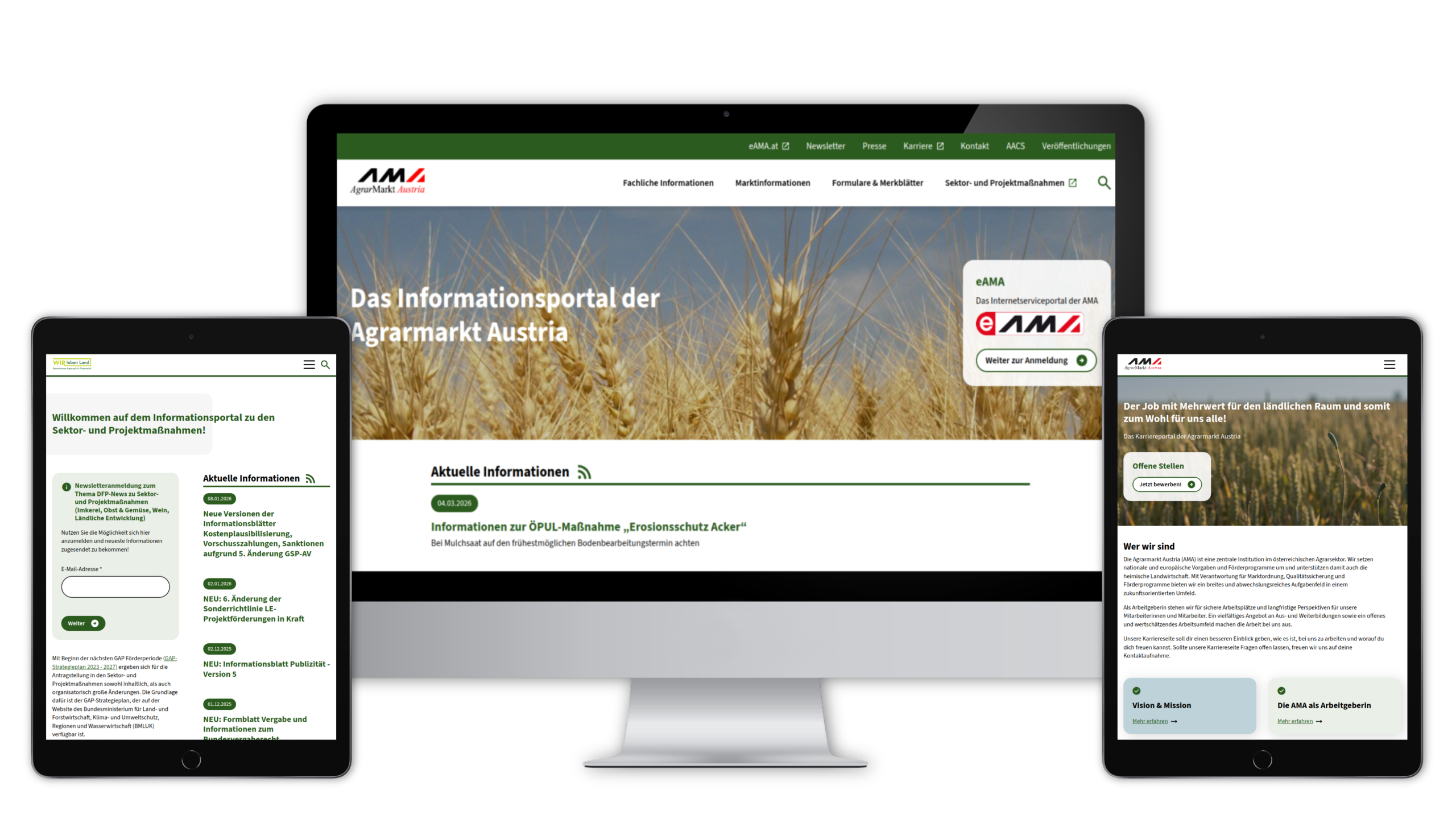 Desktop and tablet screens showing the AMA information portal news feed and a career section titled "Der Job mit Mehrwert" (The job with added value) featuring a field of grain.