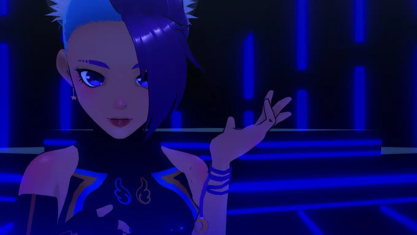 An animated character with purple hair, styled asymmetrically, and glowing purple eyes, standing in a dark environment illuminated by neon blue lights. The character's attire features intricate glowing patterns, and they have an arm raised in a casual gesture. The background includes futuristic blue-lit elements, suggesting a high-tech, cyberpunk setting.