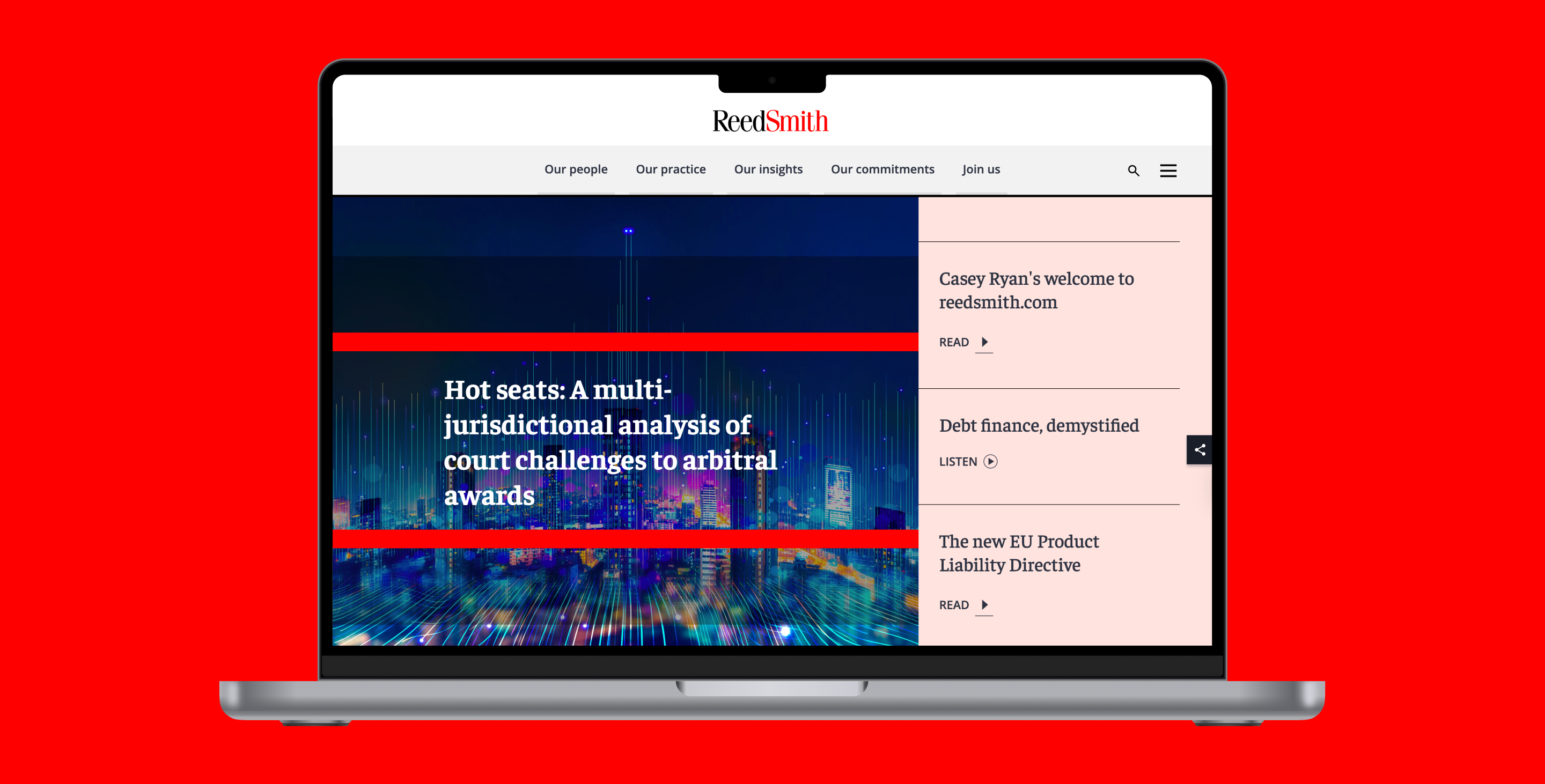 A laptop screen on a solid red background displaying a Reed Smith insight article titled: "Hot seats: A multi-jurisdictional analysis of court challenges to arbitral awards."