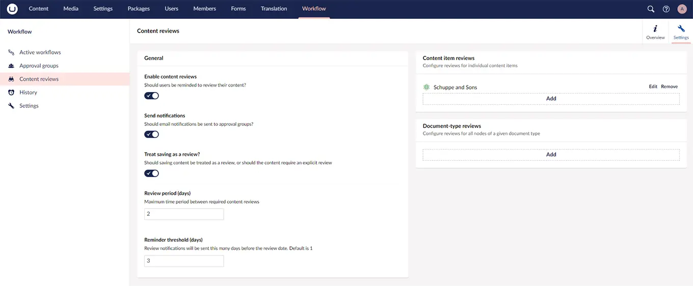 Screenshot: Settings page for content reviews