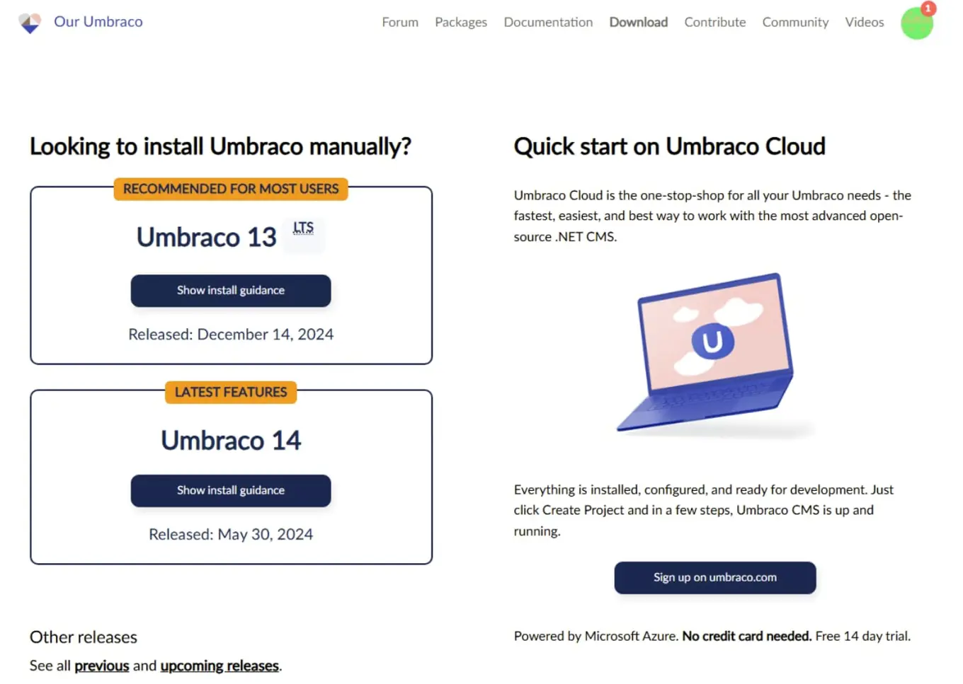 Umbraco download page showing options to install Umbraco manually for version 13 and 14. The page highlights Umbraco Cloud as a quick start option and mentions the release dates.