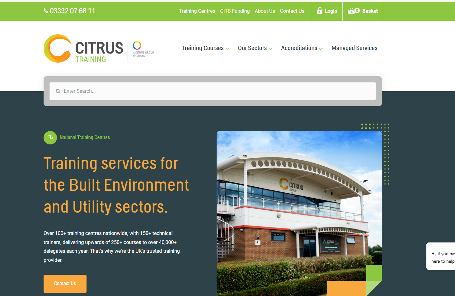 The Citrus Training website homepage showing the navigation menu, a prominent search bar, and a photo of a modern training center building.
