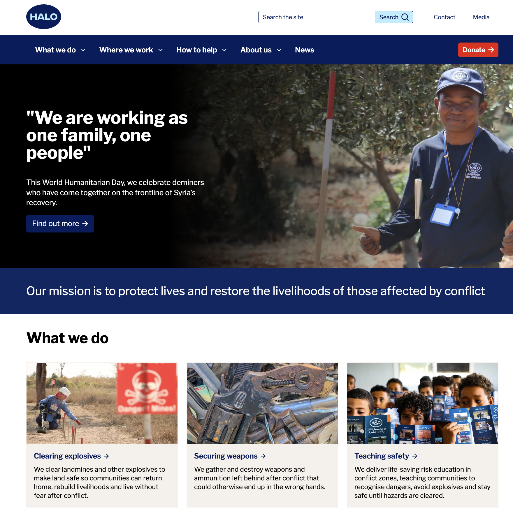 A website scroll view displaying the main hero banner above a "What we do" section featuring three core service cards for landmine clearance, weapons disposal, and risk education.