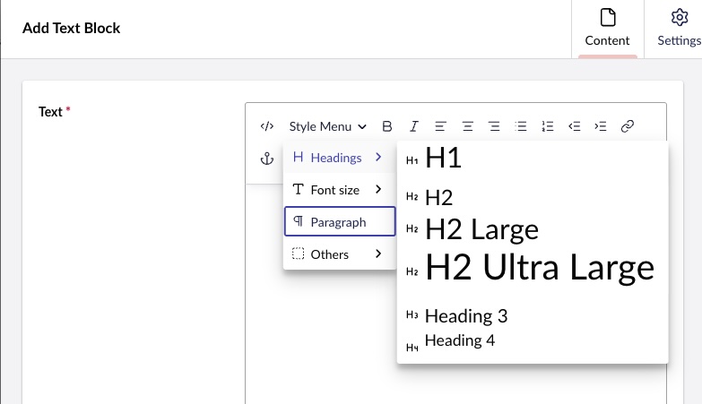 The Umbraco rich text editor with the Style Menu open, showing heading options such as H1, H2, H2 Large, H2 Ultra Large, Heading 3, and Heading 4