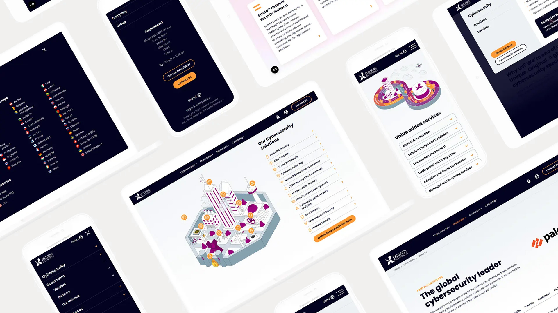 Collage of cybersecurity-themed website mockups showing sections like global cybersecurity solutions and value-added services