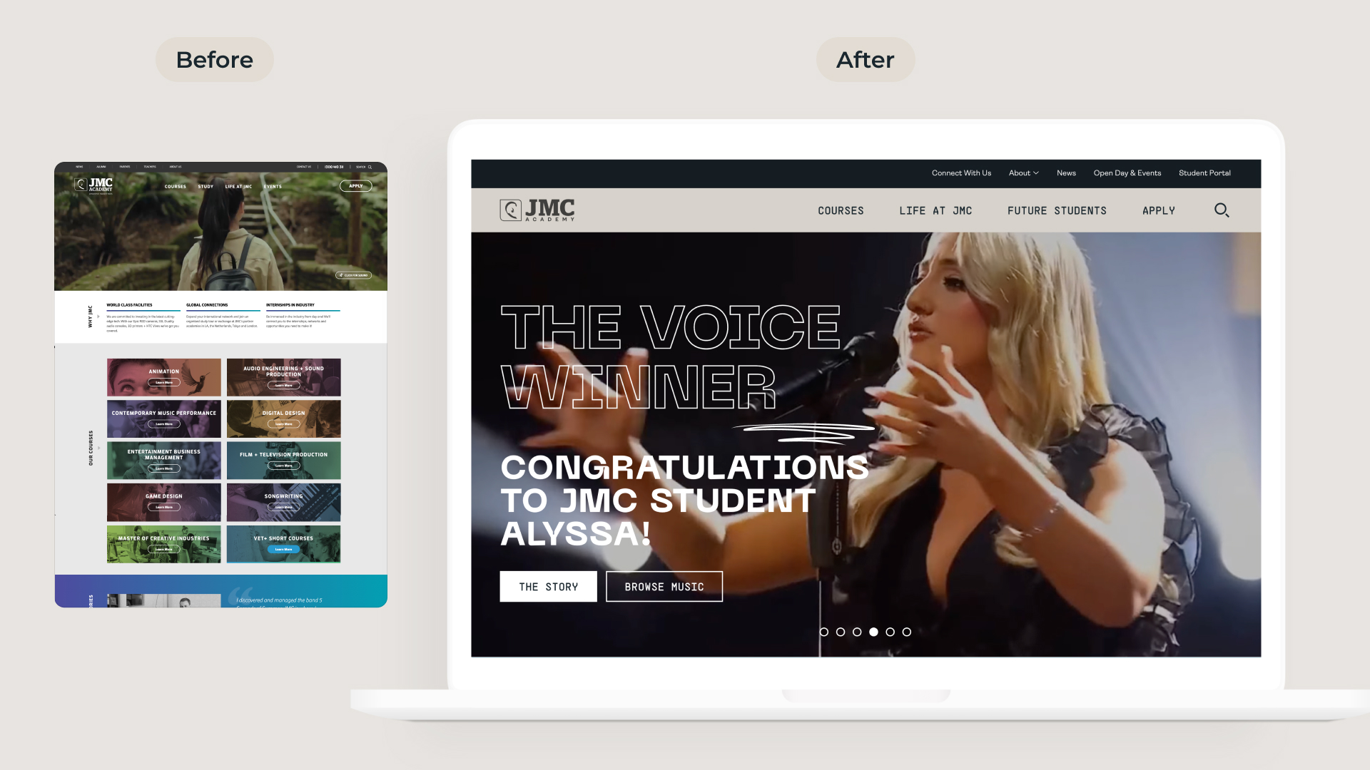 A side-by-side "Before" and "After" website comparison showing JMC Academy's evolution from a legacy grid design to a modern homepage layout featuring a headline celebrating a student winning The Voice.