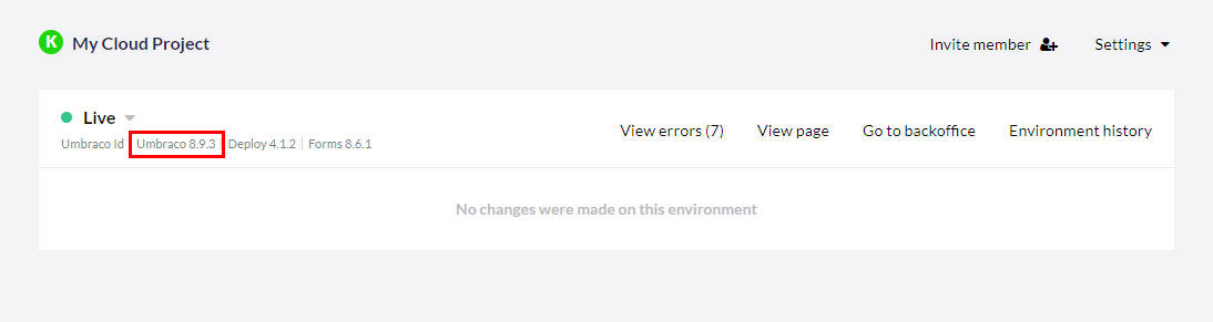 Screeenshot of a project page on Umbraco Cloud highlighting the version number of Umbraco CMS on the Live environment.