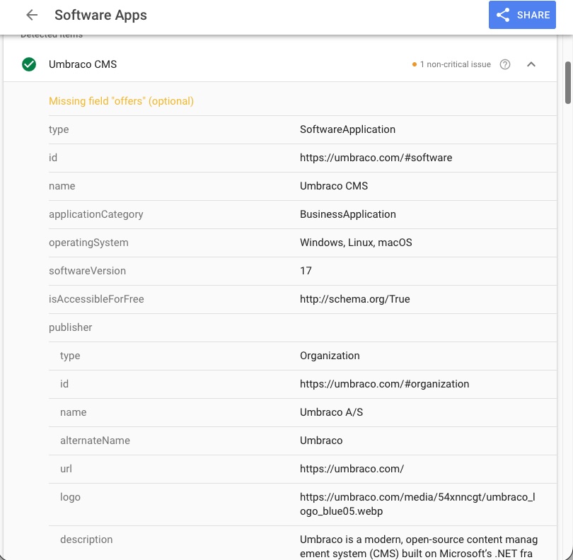 Screenshot of a structured data validator showing ‘Software Apps’ schema for Umbraco CMS. It lists fields like type SoftwareApplication, name Umbraco CMS, category BusinessApplication, operating systems Windows/Linux/macOS, version 17, publisher Umbraco A/S, and a note about a missing optional ‘offers’ field